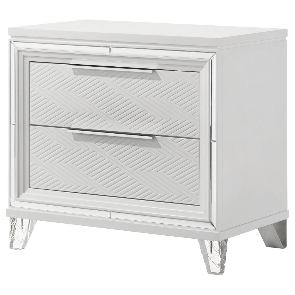 Mory Nightstand 2 Drawers Embossed Herringbone Pattern White Chrome BM328577