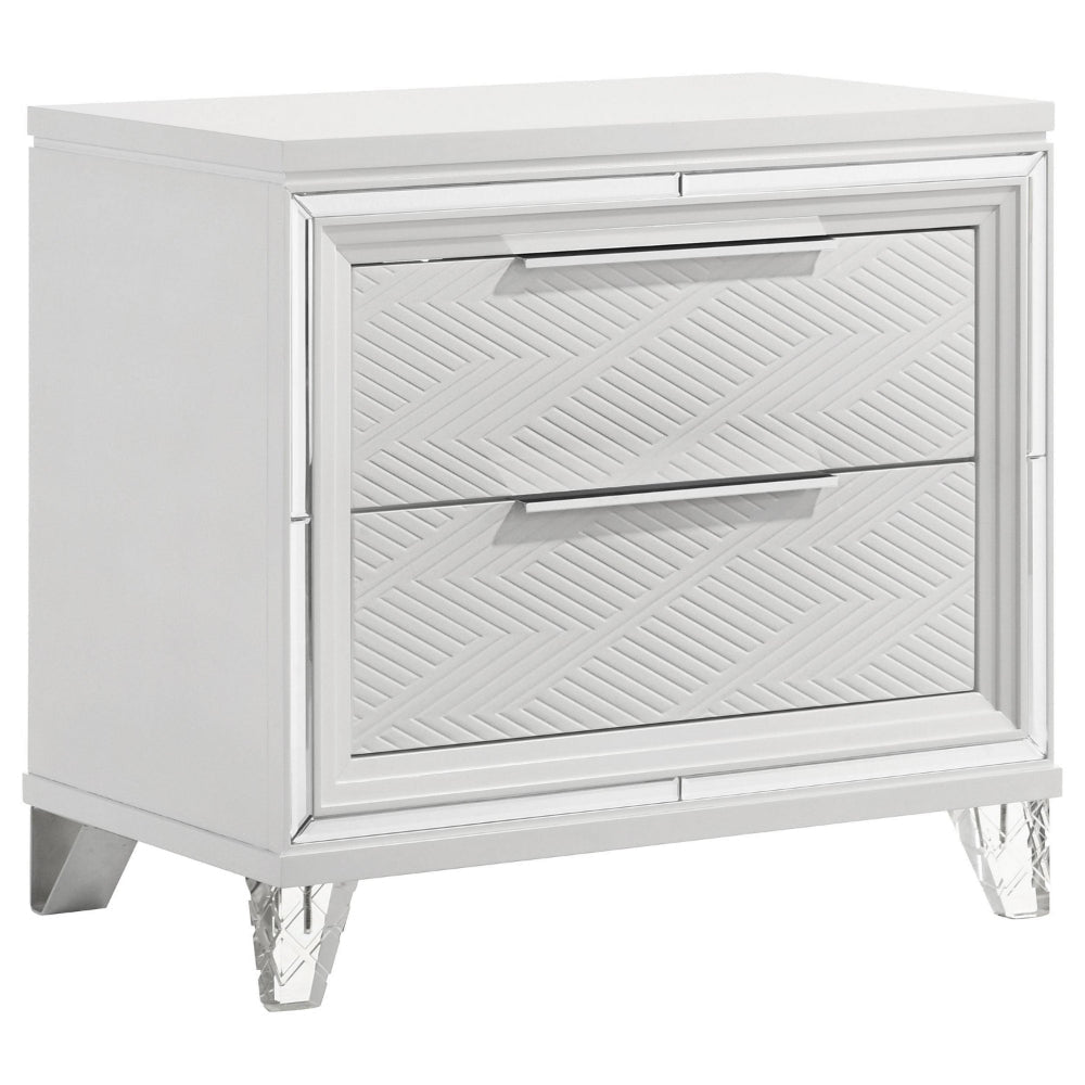 Mory Nightstand, 2 Drawers, Embossed Herringbone Pattern White, Chrome