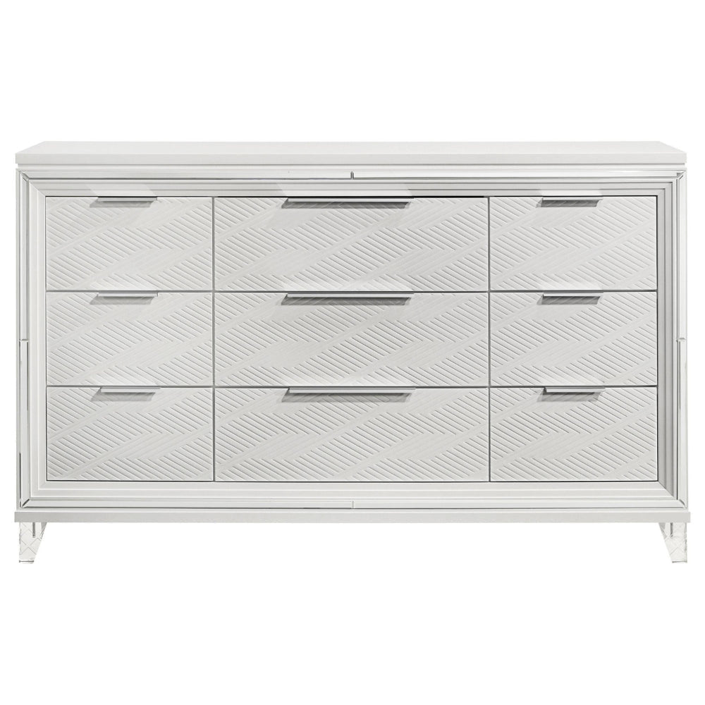Mory Wide Dresser 9 Drawers Embossed Herringbone Pattern White BM328578