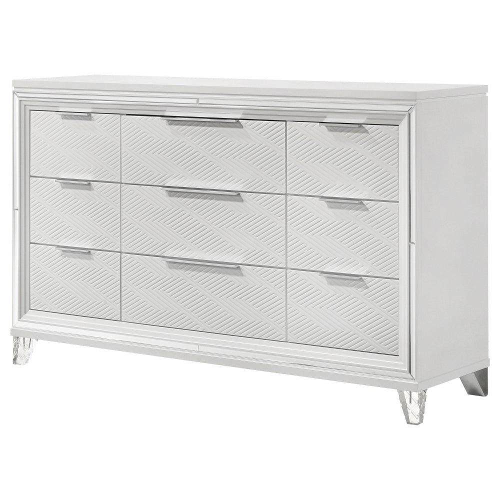 Mory Wide Dresser 9 Drawers Embossed Herringbone Pattern White BM328578
