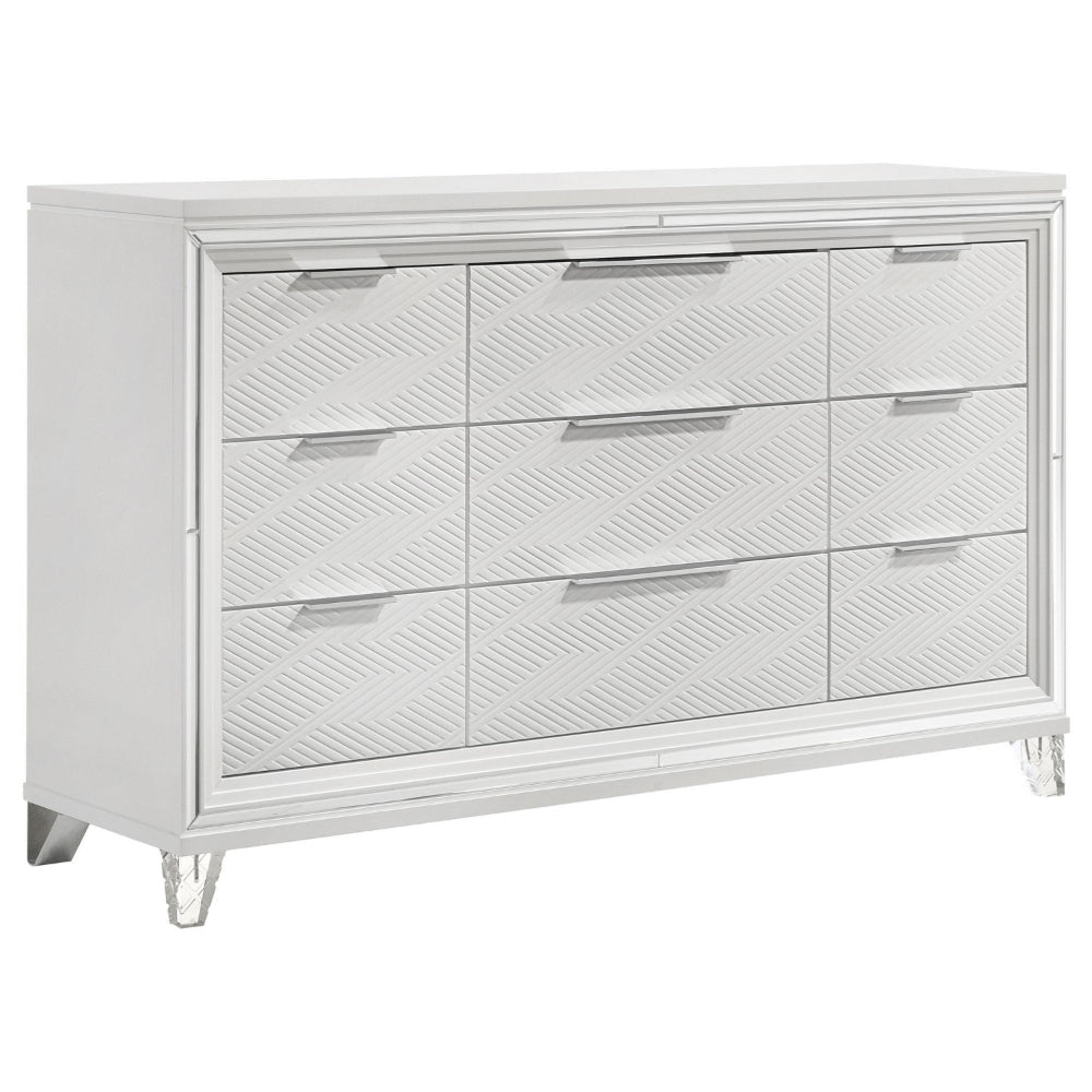 Mory Wide Dresser, 9 Drawers, Embossed Herringbone Pattern, White