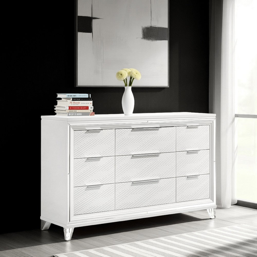 Mory Wide Dresser, 9 Drawers, Embossed Herringbone Pattern, White