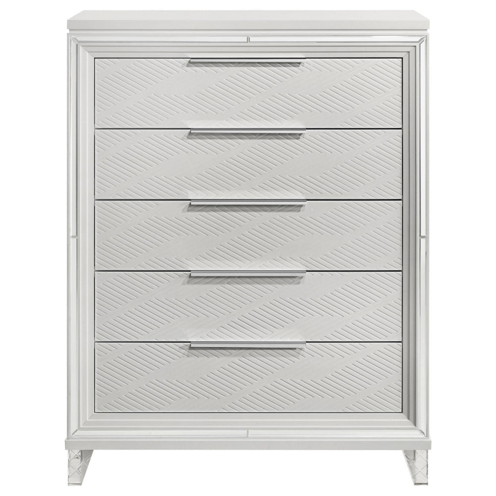 Mory Tall Dresser Chest 5 Drawer Embossed Herringbone Pattern White BM328579