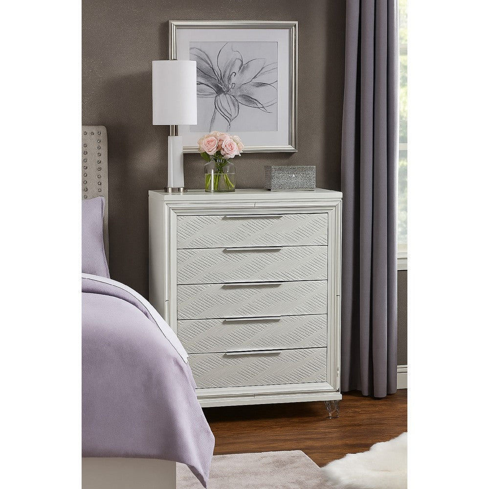 Mory Tall Dresser Chest, 5 Drawer, Embossed Herringbone Pattern, White