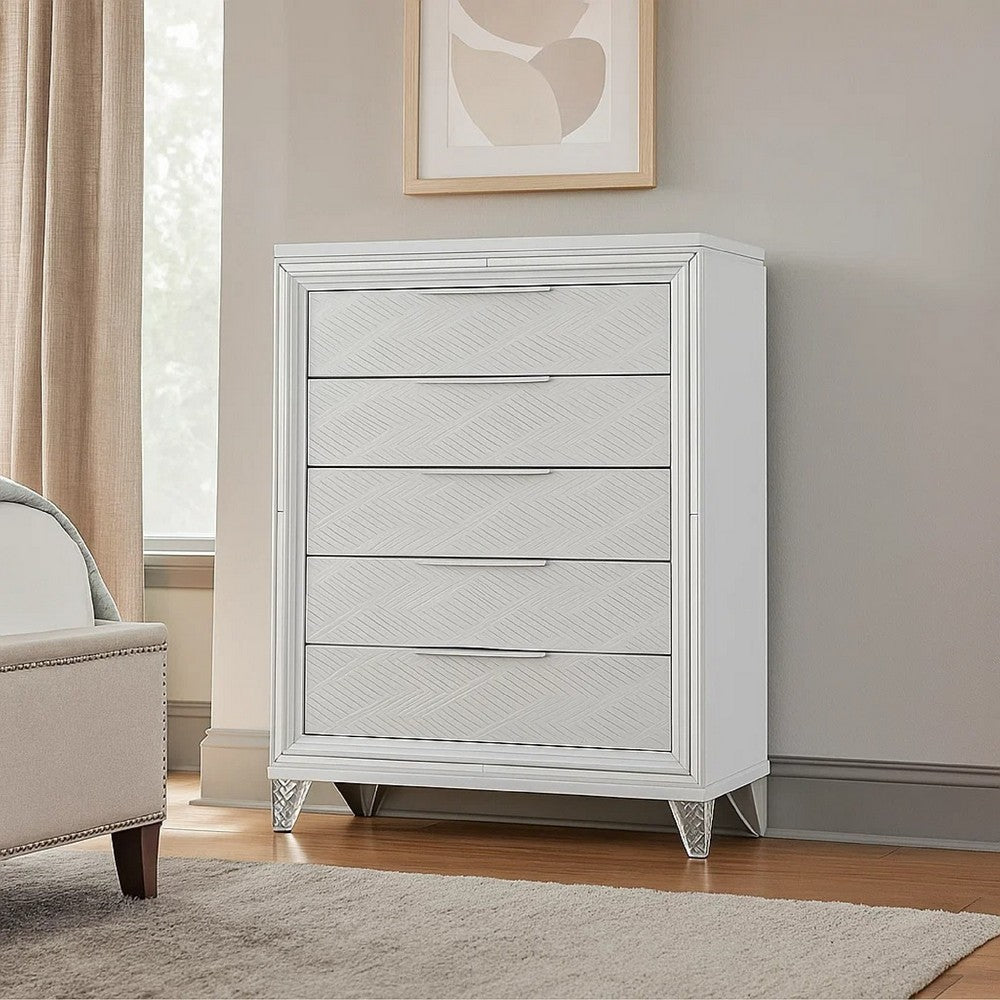 Mory Tall Dresser Chest, 5 Drawer, Embossed Herringbone Pattern, White