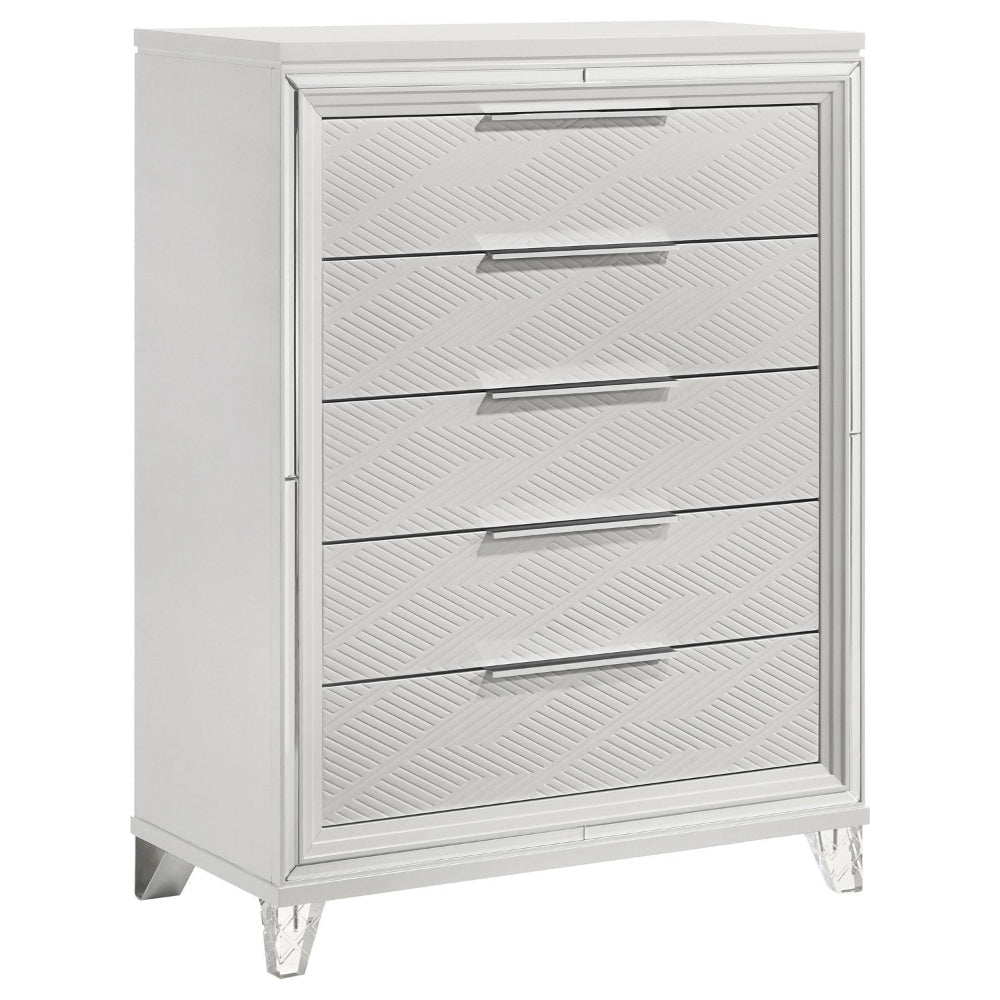 Mory Tall Dresser Chest, 5 Drawer, Embossed Herringbone Pattern, White