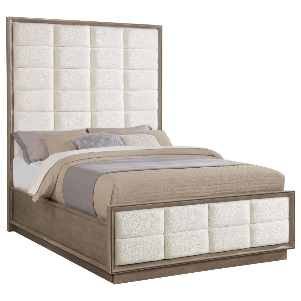 Lyni Queen Bed Grid Tufted Headboard Ivory Upholstery Oak Brown