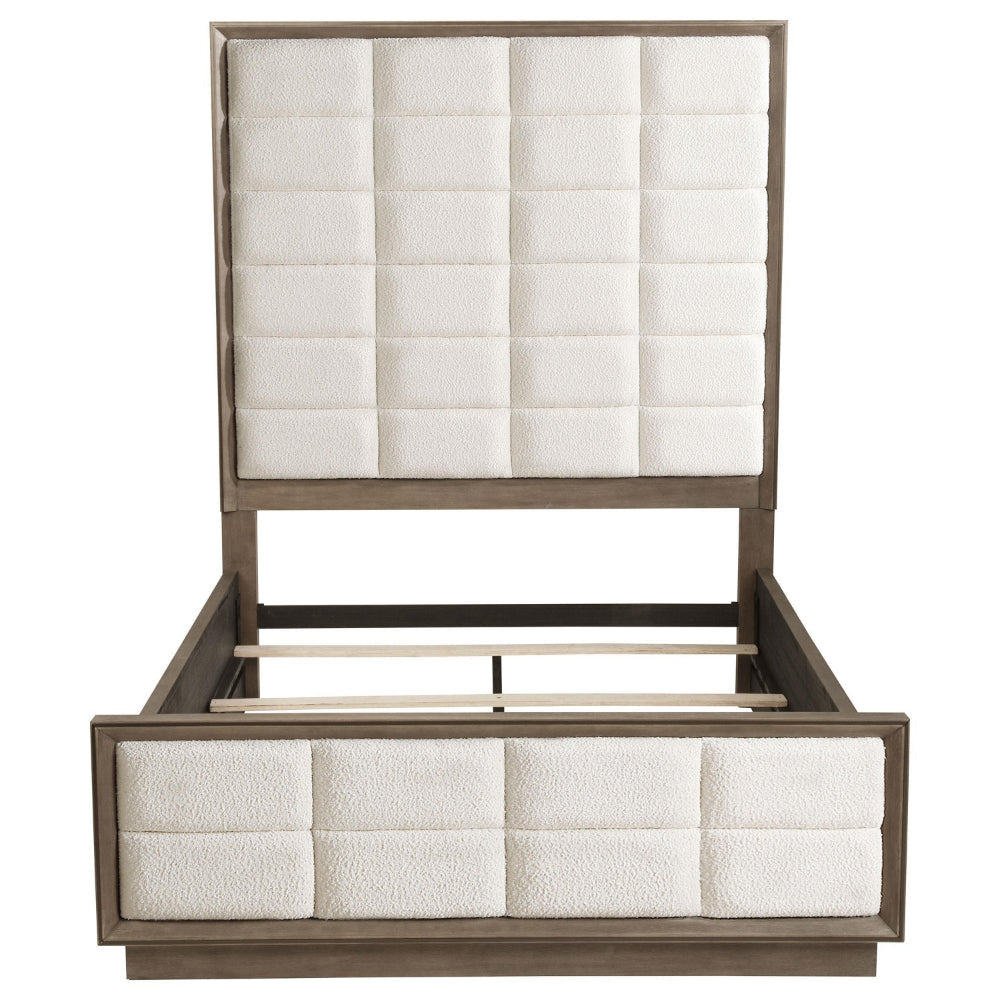 Lyni Queen Bed Grid Tufted Headboard Ivory Upholstery Oak Brown