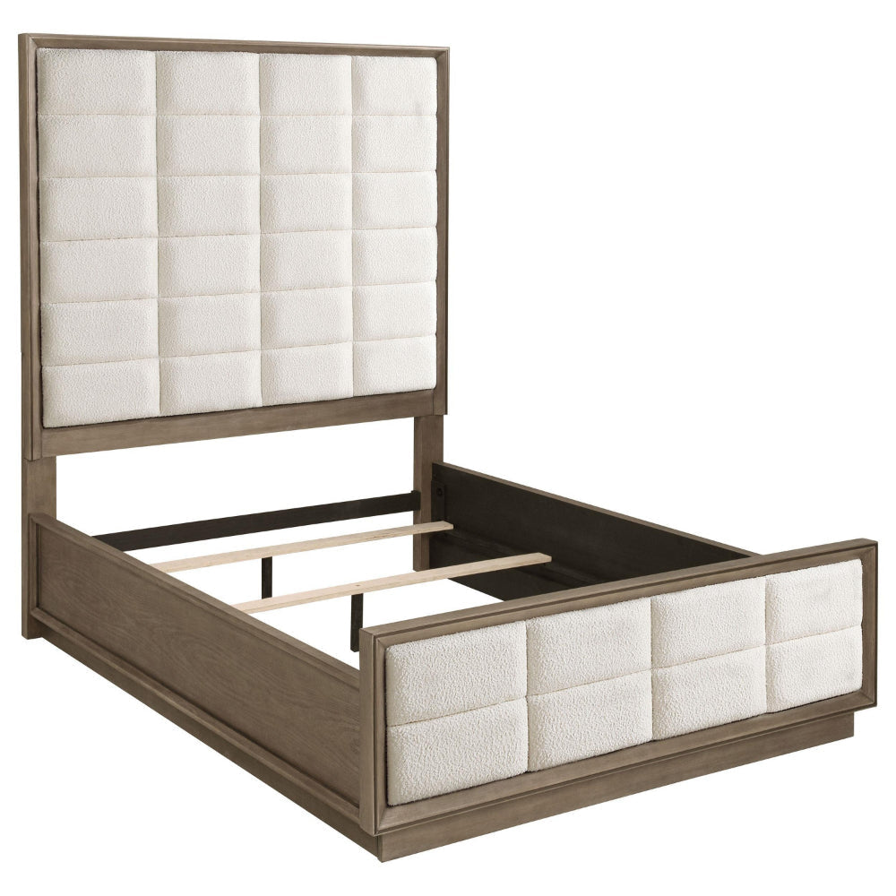 Lyni Queen Bed, Grid Tufted Headboard, Ivory Upholstery, Oak Brown