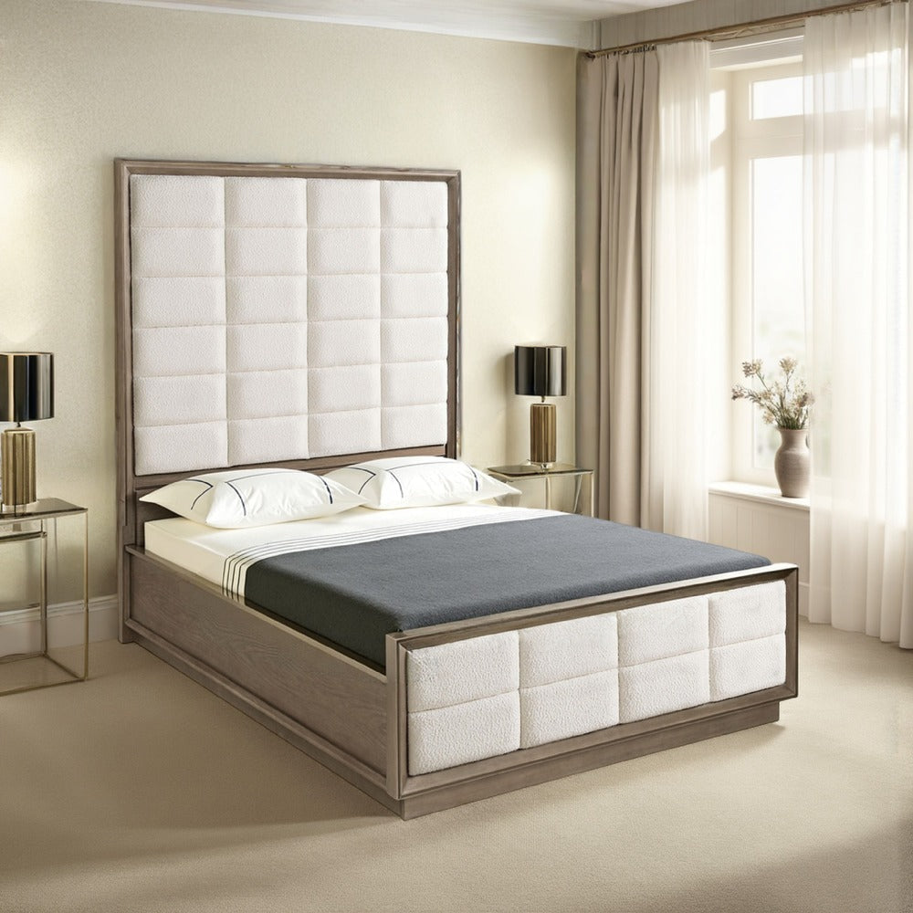 Lyni Queen Bed, Grid Tufted Headboard, Ivory Upholstery, Oak Brown