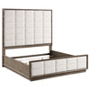 Lyni King Size Bed, Grid Tufted Headboard, Ivory Upholstery, Oak Brown