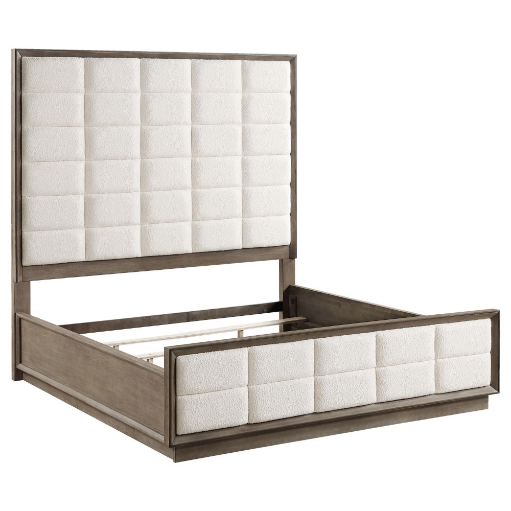 Lyni King Size Bed, Grid Tufted Headboard, Ivory Upholstery, Oak Brown