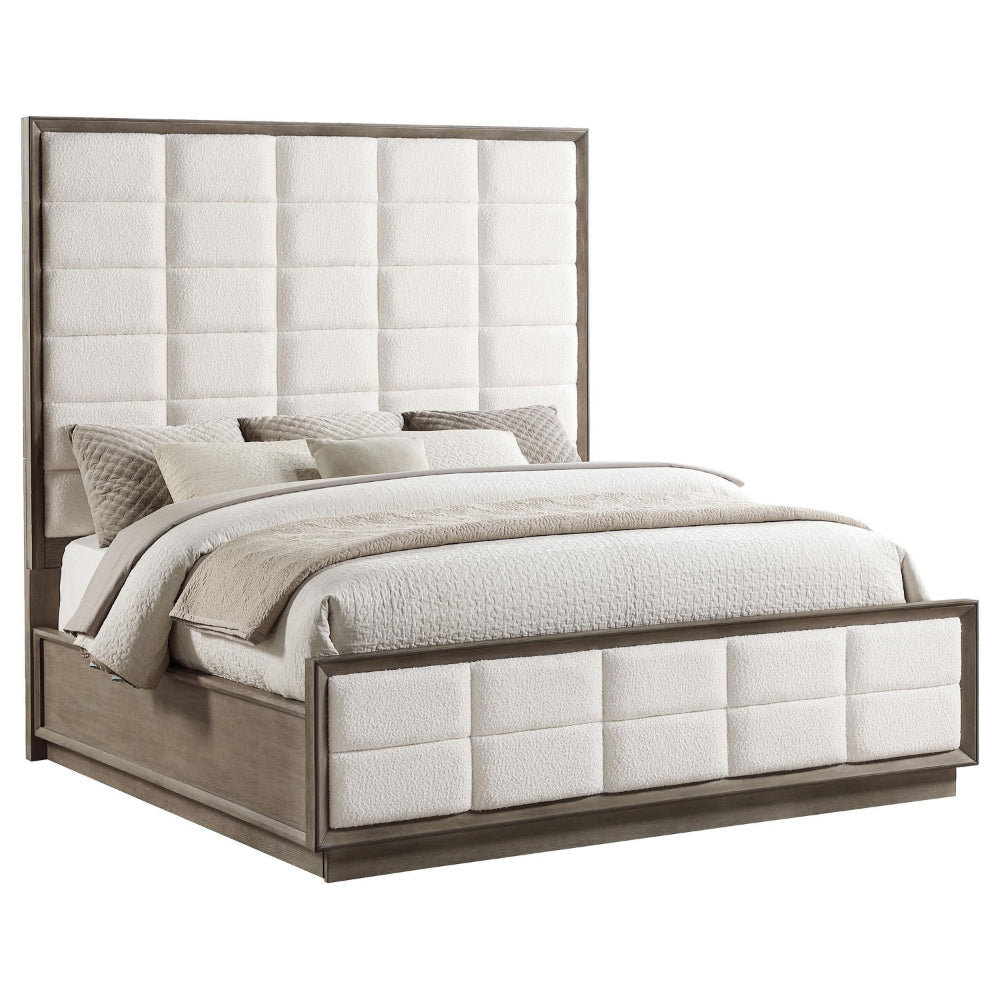 Lyni King Size Bed Grid Tufted Headboard Ivory Upholstery Oak Brown