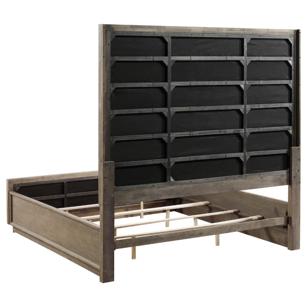 Lyni King Size Bed Grid Tufted Headboard Ivory Upholstery Oak Brown