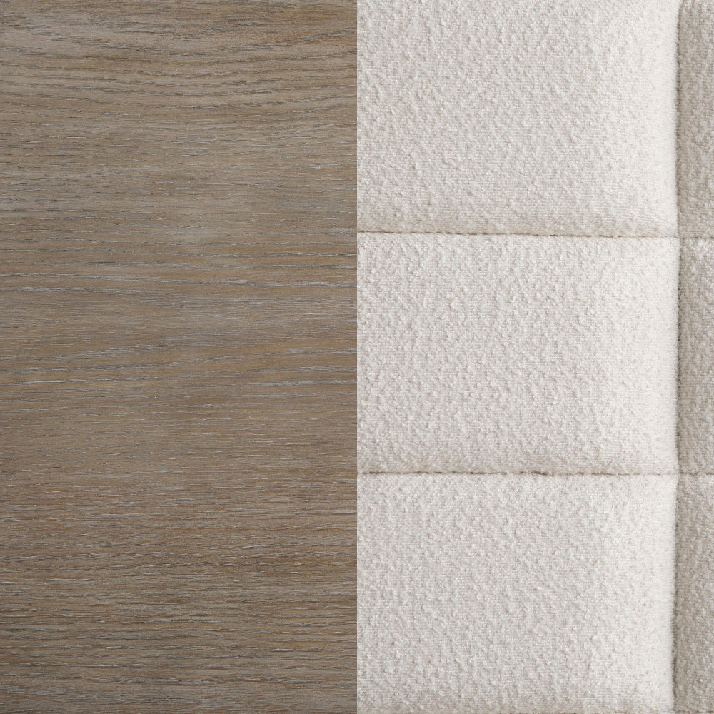 Lyni King Size Bed Grid Tufted Headboard Ivory Upholstery Oak Brown