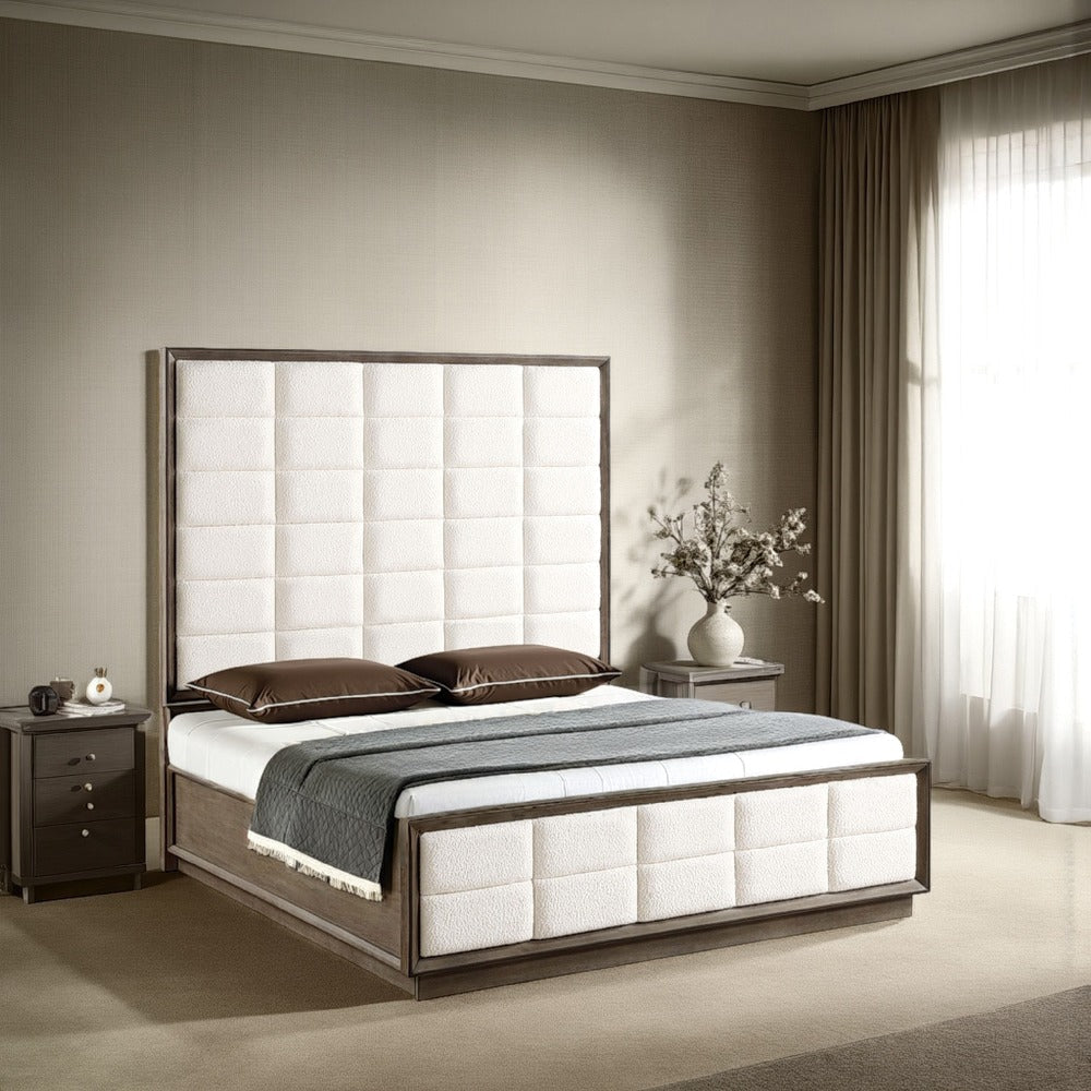 Lyni King Size Bed, Grid Tufted Headboard, Ivory Upholstery, Oak Brown