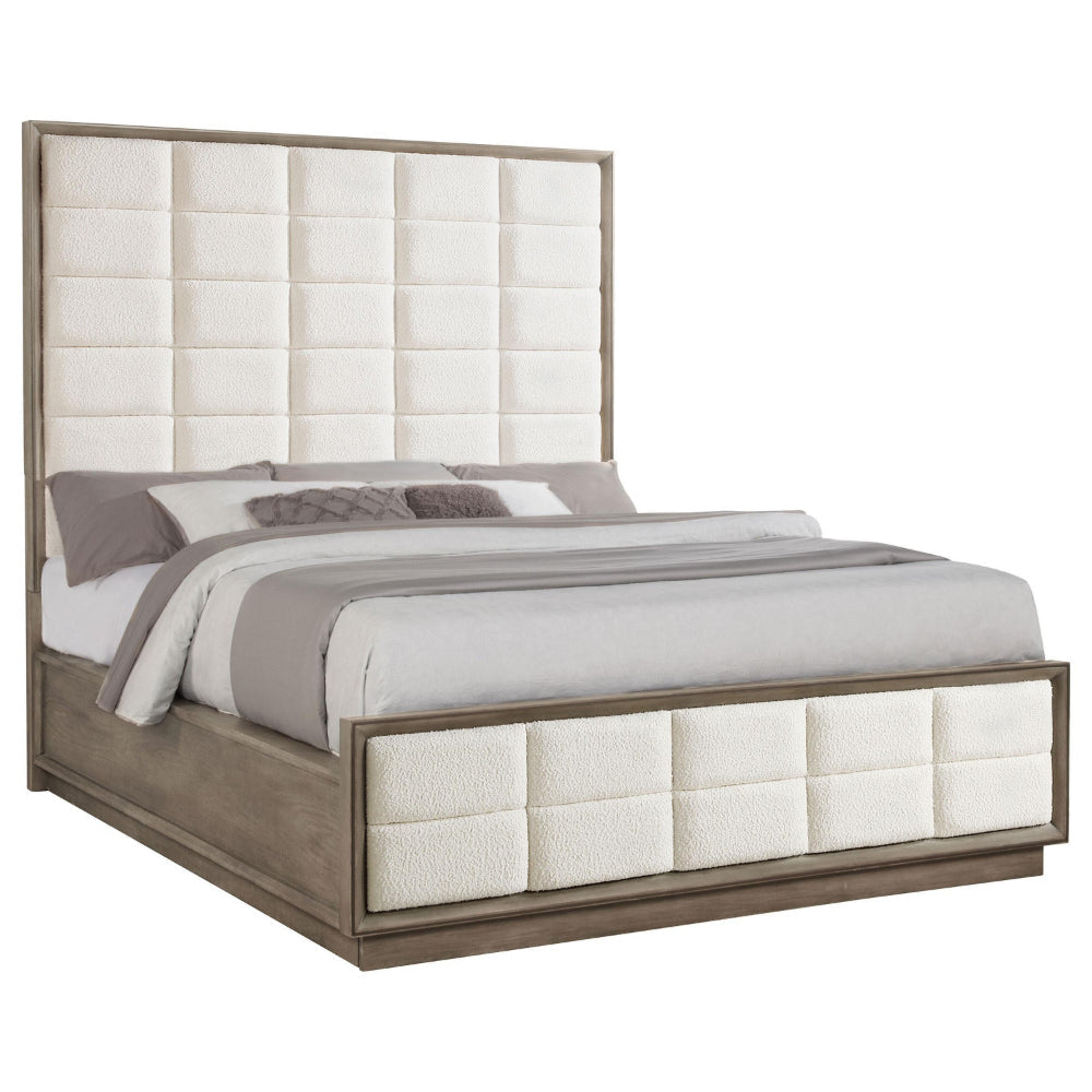 Lyni California King Bed Grid Tufted Ivory Upholstery Oak Brown