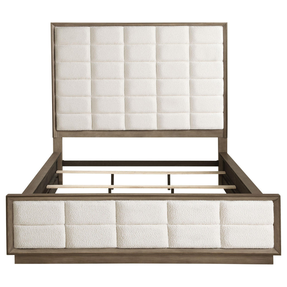 Lyni California King Bed Grid Tufted Ivory Upholstery Oak Brown