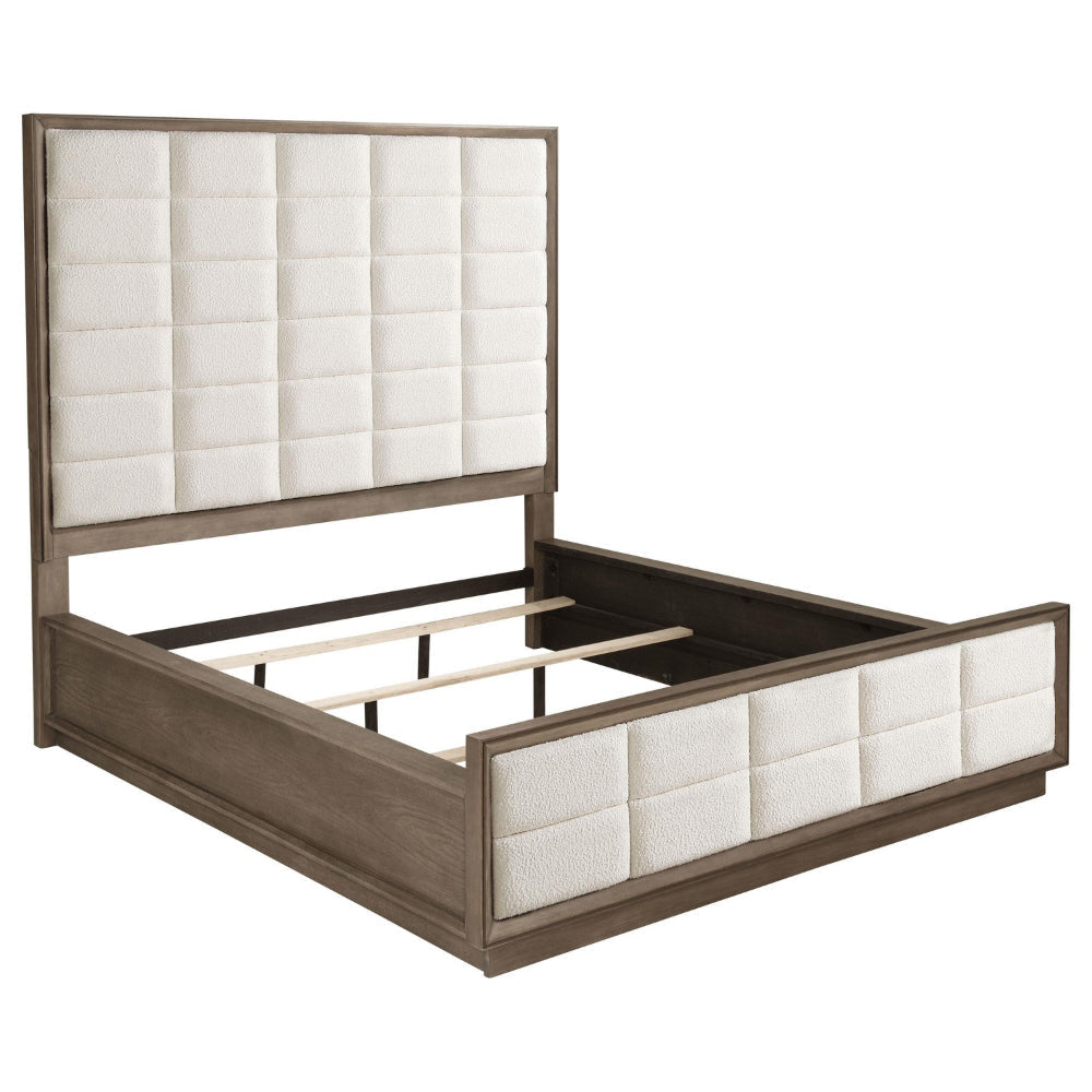 Lyni California King Bed, Grid Tufted Ivory Upholstery, Oak Brown