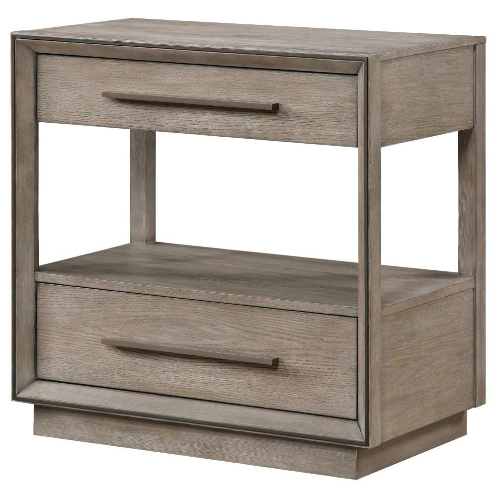 Lyni Nightstand 2 Storage Drawers Open Shelf Washed Oak Brown BM328583