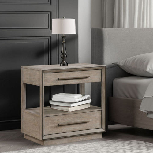 Lyni Nightstand, 2 Storage Drawers, Open Shelf, Washed Oak Brown