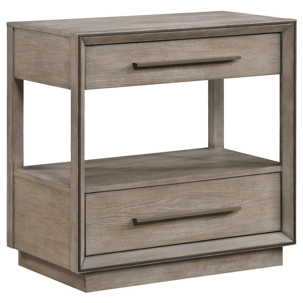 Lyni Nightstand, 2 Storage Drawers, Open Shelf, Washed Oak Brown