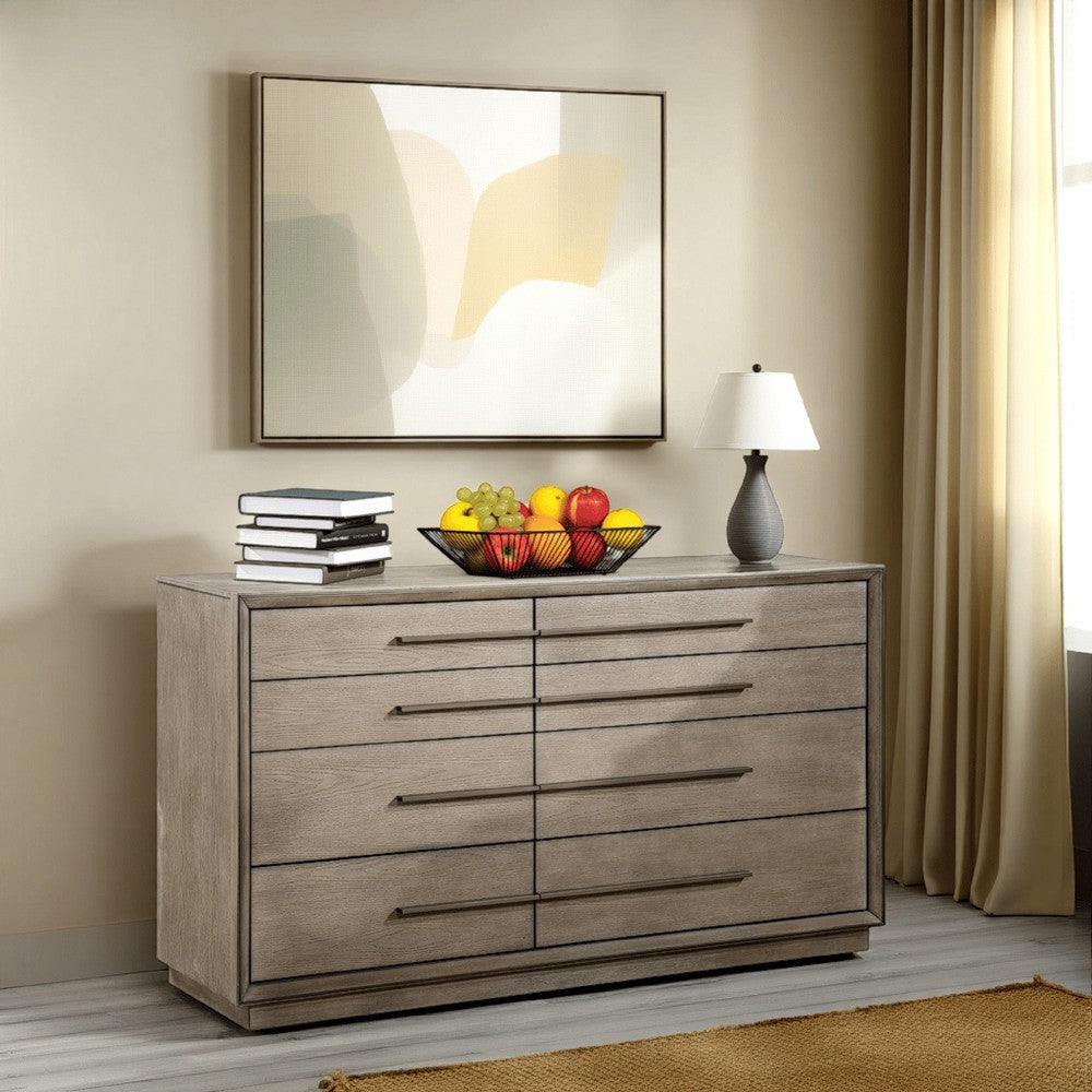 Lyni Wide Dresser, 8 Storage Drawers, Open Shelf, Taupe Oak Brown