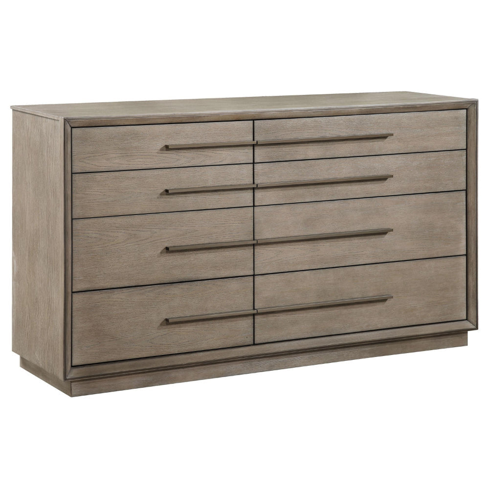 Lyni Wide Dresser, 8 Storage Drawers, Open Shelf, Washed Oak Brown