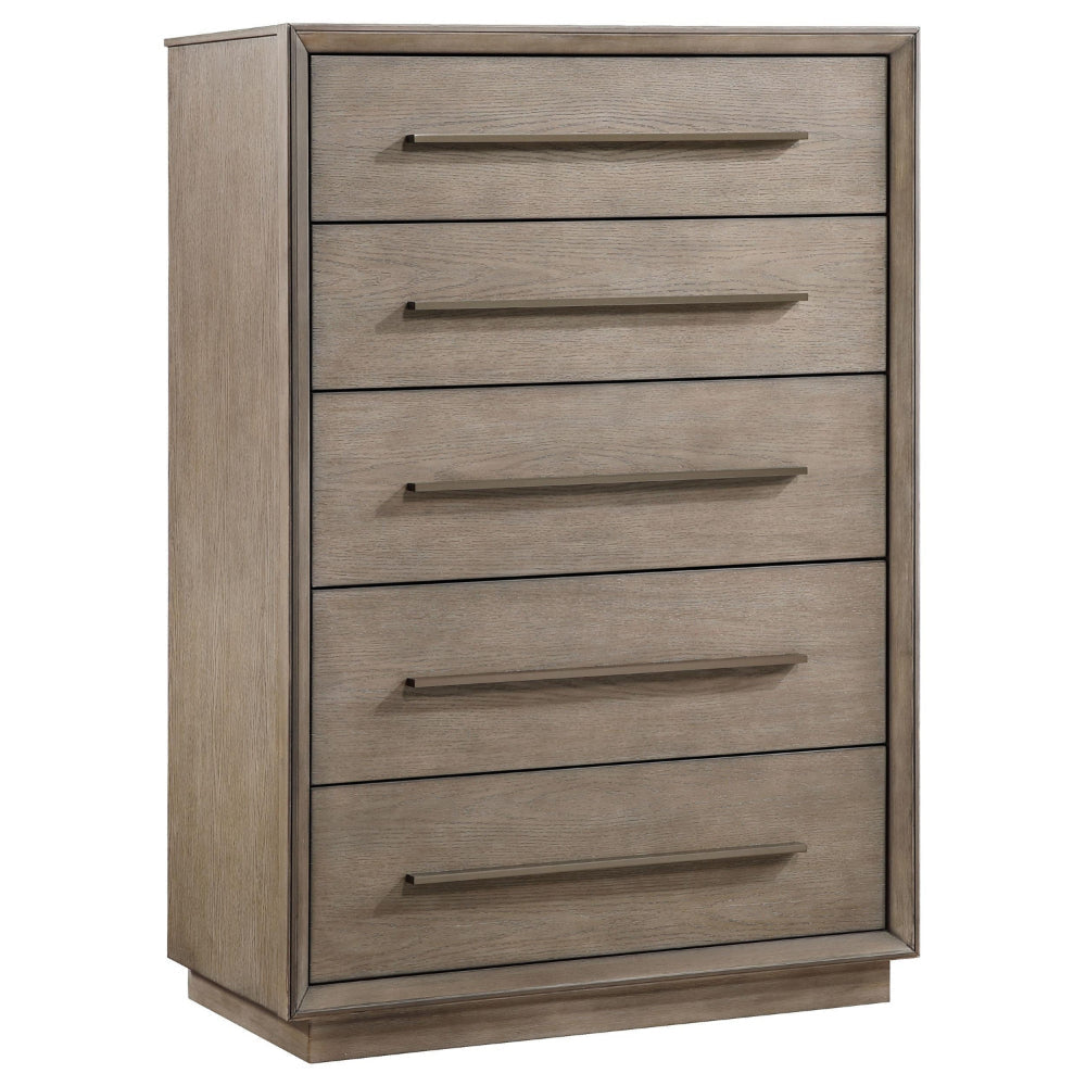 Lyni Tall Dresser Chest, 5 Drawers, Open Shelf, Washed Oak Brown