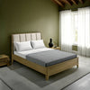 Heon Queen Bed, Block Panel Headboard, Ivory Upholstery, Pine Wood