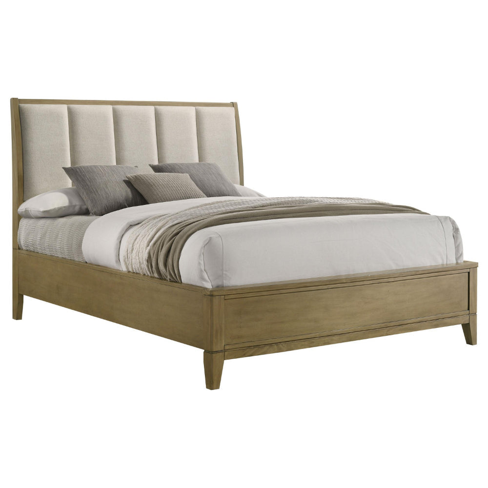 Heon King Bed Block Panel Headboard Ivory Upholstery Pine Wood