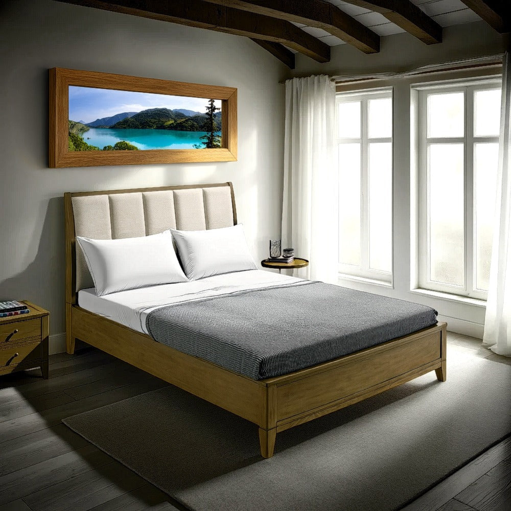 Heon King Bed, Block Panel Headboard, Ivory Upholstery, Pine Wood