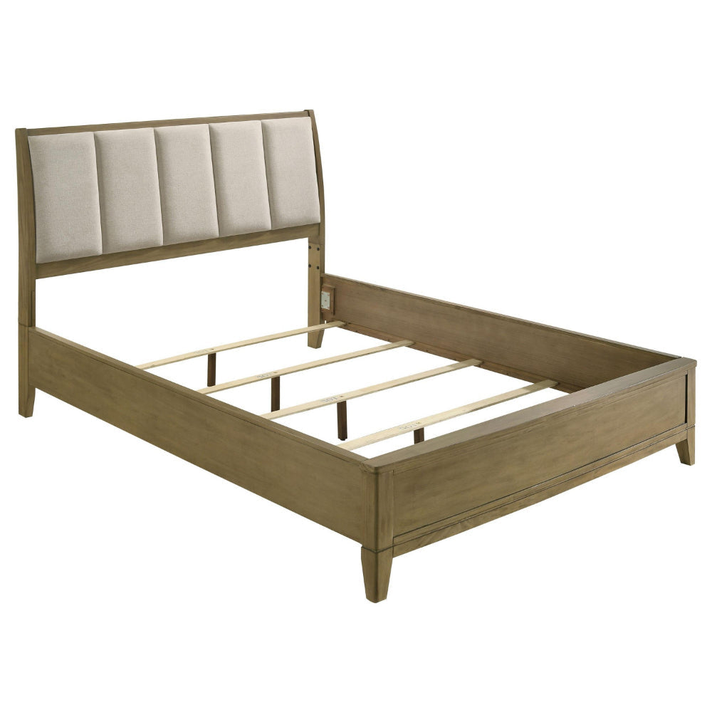 Heon King Bed, Block Panel Headboard, Ivory Upholstery, Pine Wood