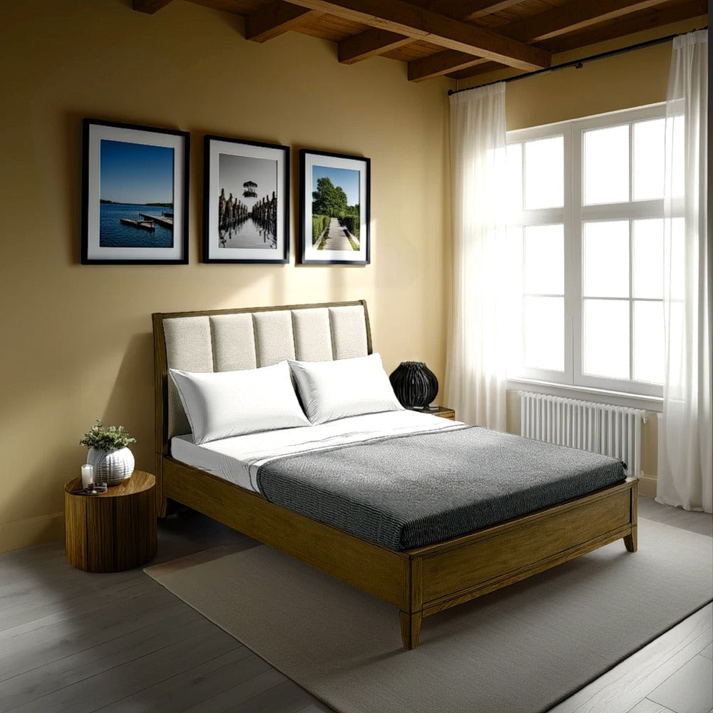 Heon California King Bed, Block Panel Headboard, Ivory Upholstery