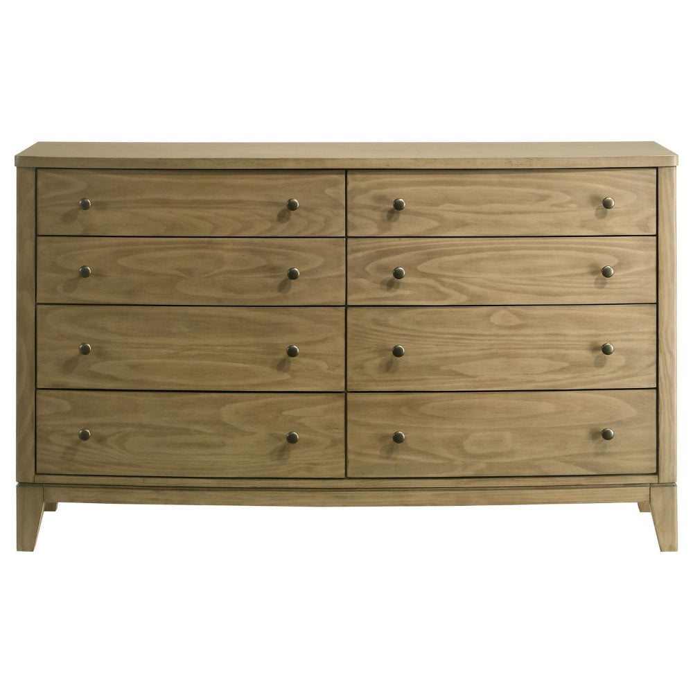 Heon Wide Dresser 8 Drawers w Round Nickel Knobs Natural Brown Pine BM328593
