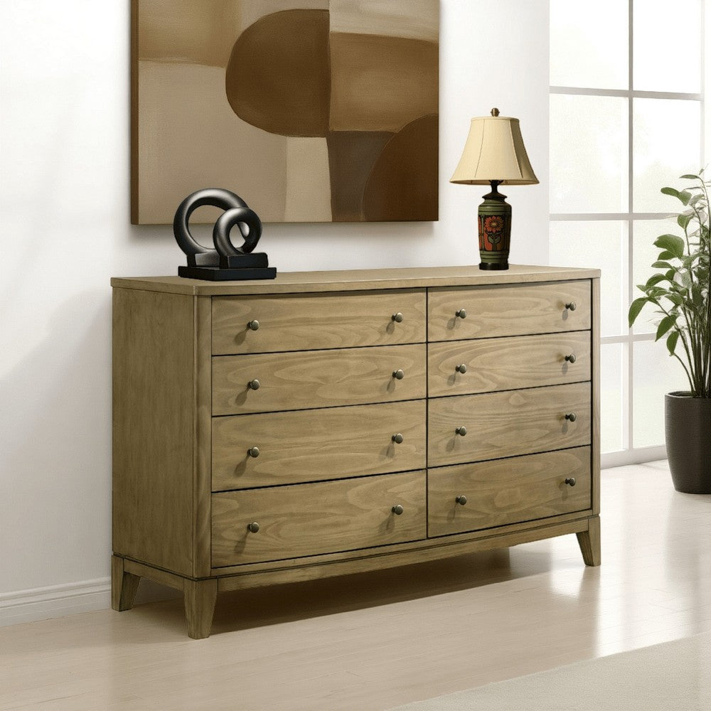 Heon Wide Dresser, 8 Drawers w Round Nickel Knobs, Natural Brown Pine