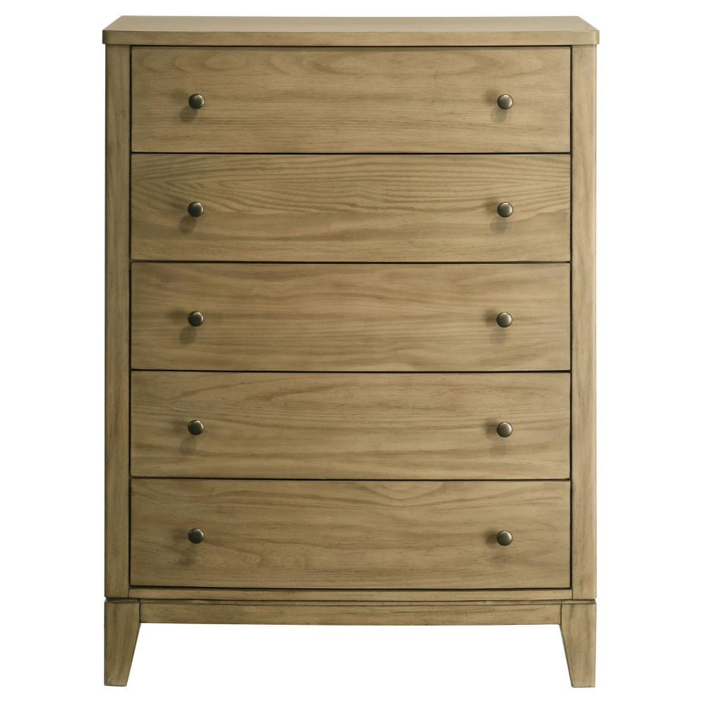 Heon Tall Dresser Chest 5 Drawers w Round Knobs Natural Brown Pine BM328594