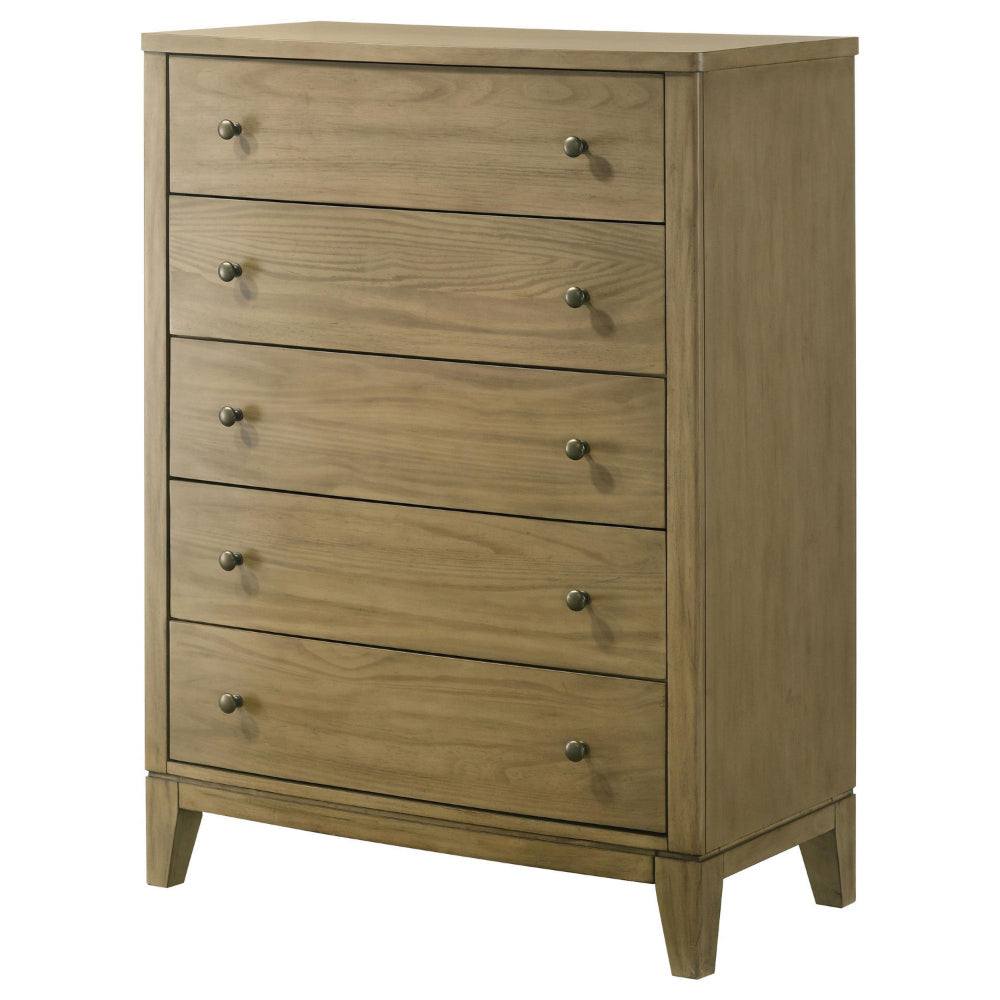 Heon Tall Dresser Chest 5 Drawers w Round Knobs Natural Brown Pine BM328594
