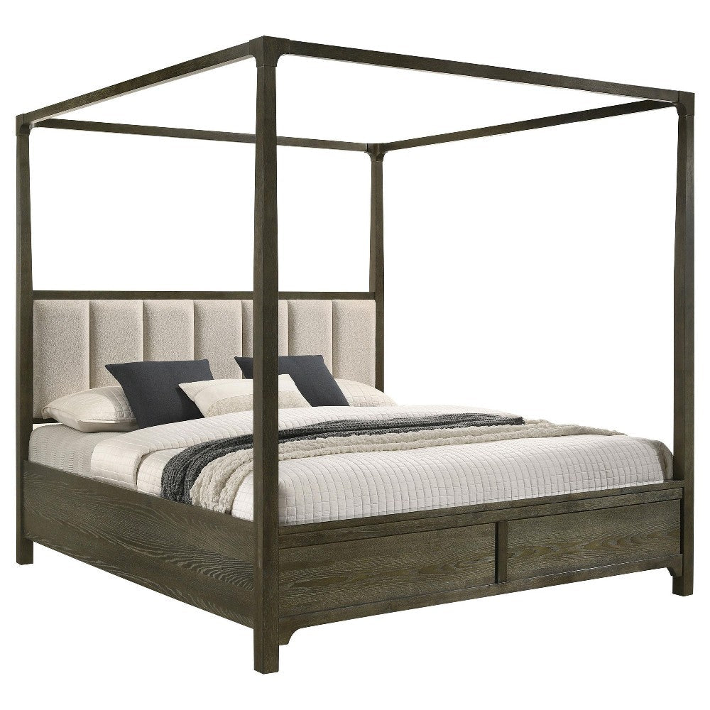 Seon Queen Canopy Bed w 4 Posters Ivory Upholstery Dark Cocoa Brown BM328595