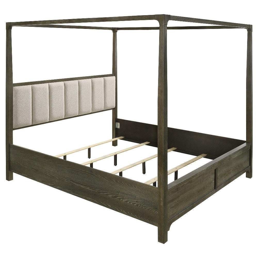 Seon Queen Canopy Bed w 4 Posters Ivory Upholstery Dark Cocoa Brown BM328595