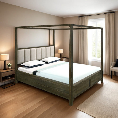 Seon Queen Canopy Bed w 4 Posters, Ivory Upholstery, Dark Cocoa Brown