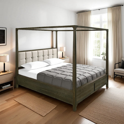 Seon California King Bed, 4 Posters, Ivory Upholstery Dark Cocoa Brown