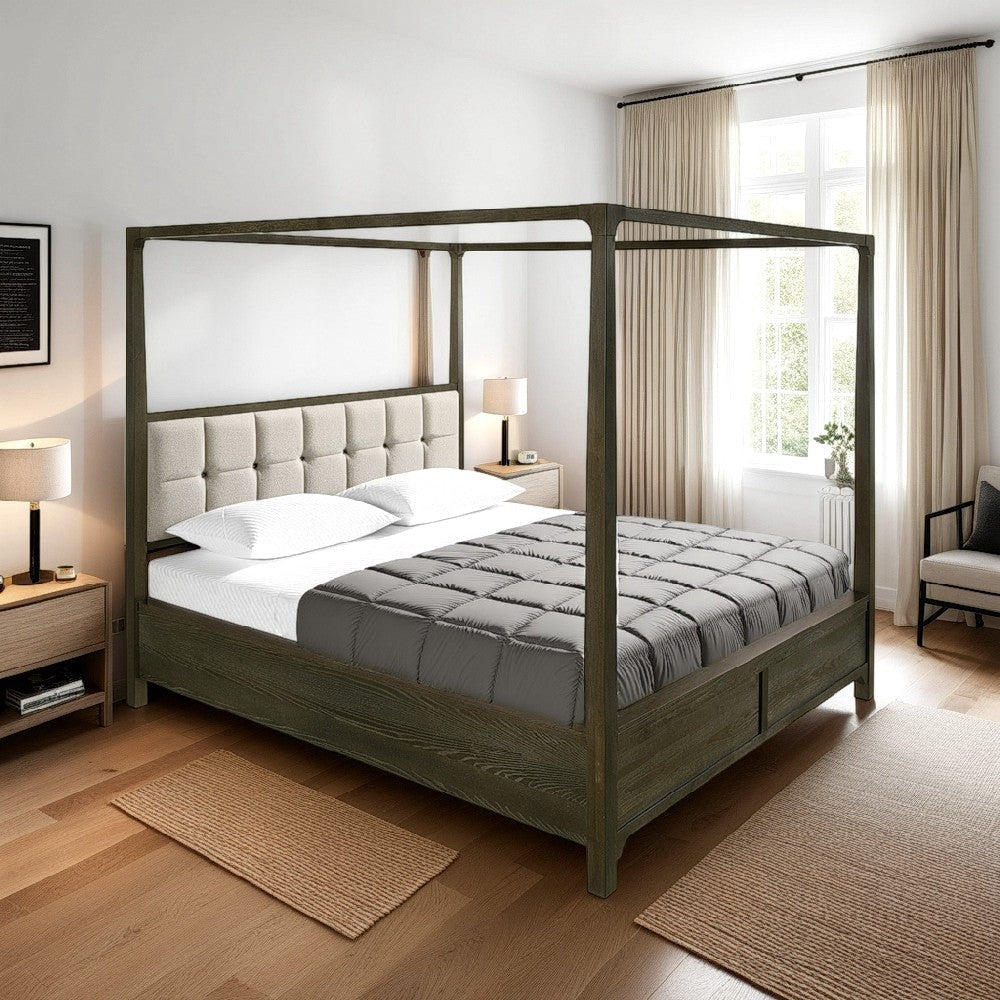 Seon California King Bed, 4 Posters, Ivory Upholstery Dark Cocoa Brown