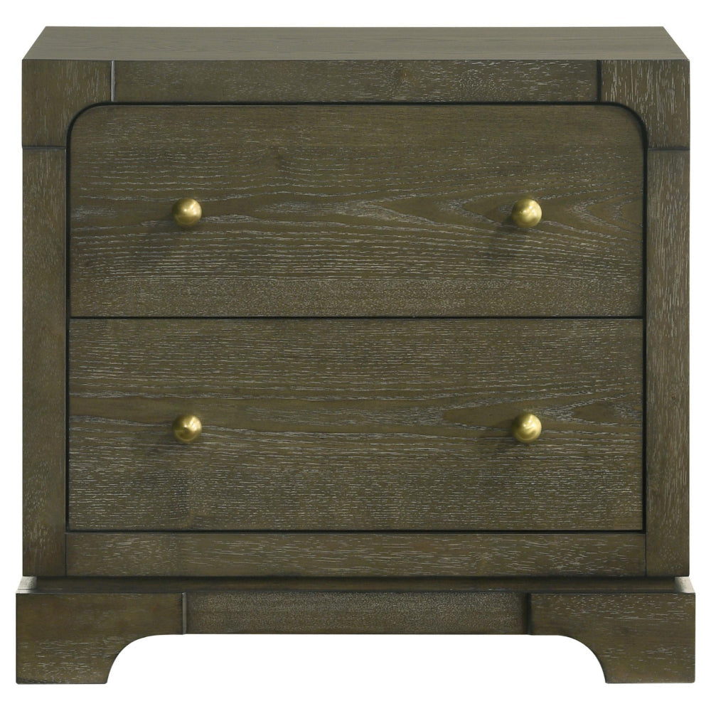 Seon Nightstand 2 Drawers with Brass Knobs Dark Cocoa Brown Wood BM328598
