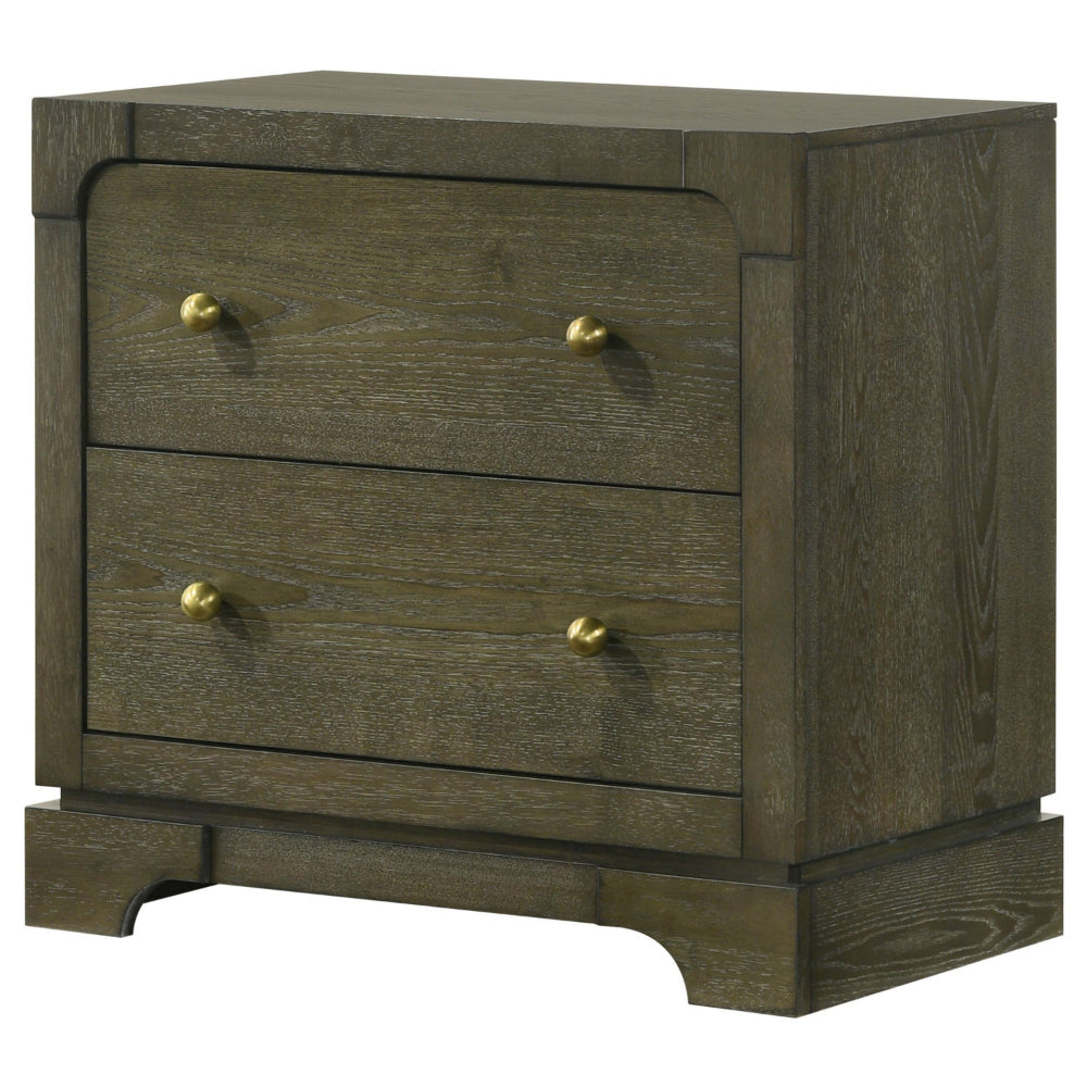 Seon Nightstand 2 Drawers with Brass Knobs Dark Cocoa Brown Wood BM328598