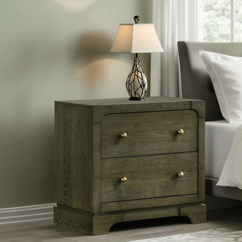 Seon Nightstand, 2 Drawers with Brass Knobs, Dark Cocoa Brown Wood