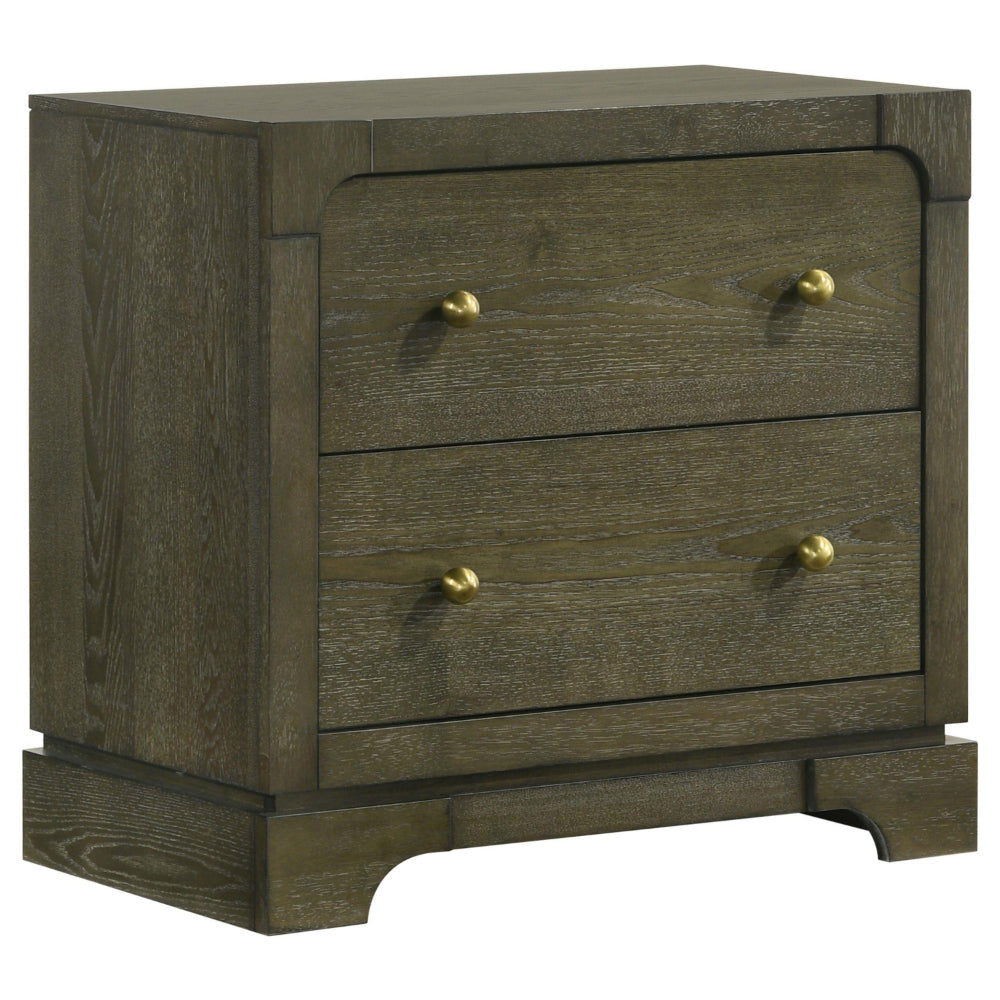 Seon Nightstand, 2 Drawers with Brass Knobs, Dark Cocoa Brown Wood