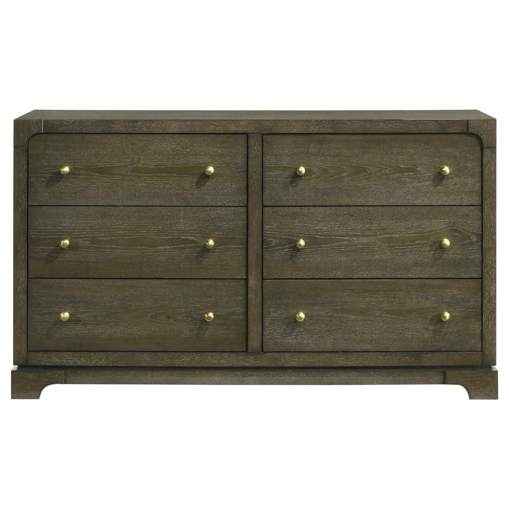 Seon Wide Dresser 6 Drawers with Brass Knobs Dark Cocoa Brown Wood BM328599