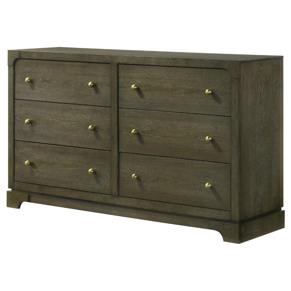 Seon Wide Dresser 6 Drawers with Brass Knobs Dark Cocoa Brown Wood BM328599