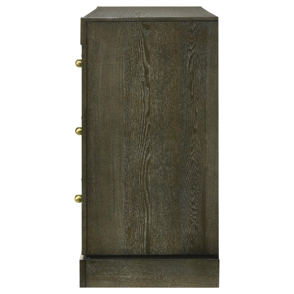 Seon Wide Dresser 6 Drawers with Brass Knobs Dark Cocoa Brown Wood BM328599